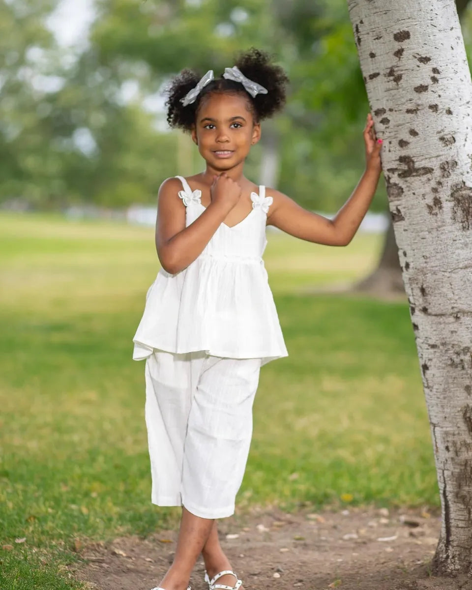 Cream Butterfly Linen Culottes Set