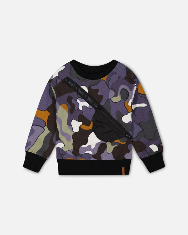 Multicolored Camo Fleece Sweatshirt w/Acid Wash Black Denim Pant