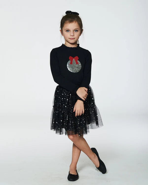 Sparkling Black Tulle Skirt w/Black Print Holiday Tee